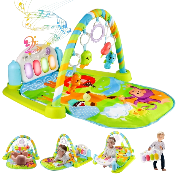 Baby Play Mat Baby Gym Funny Play Piano Tummy Time Baby Activity Gym Mat with 5 Baby Learning Sensory Toys, Music and Lights Gifts for Boys and Girls for Newborns 0 to 3 6 9 12 Months